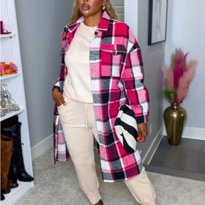 Pink and Black Plaid Long Coat